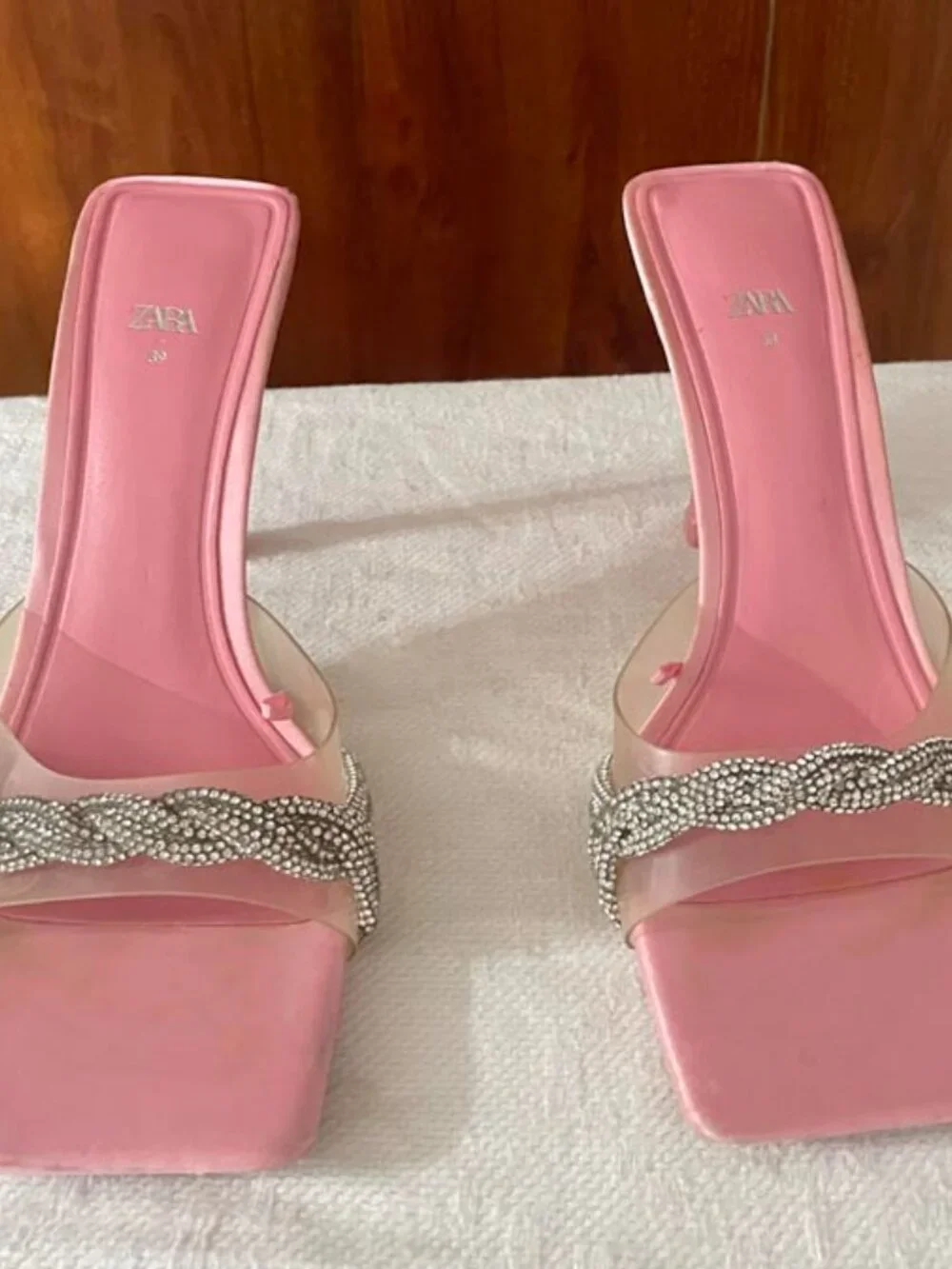 Zara Pink Rhinestone Mule Heels | Square Toe Slip-On Stiletto Sandals - Picture 4 of 8